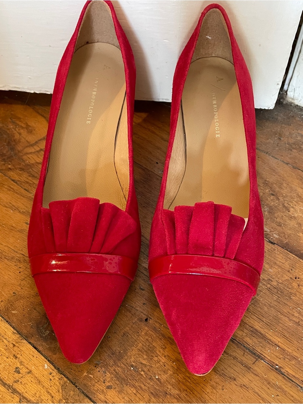 Anthropologie Red Suede Pointed-Toe Pumps with Pleat Detail